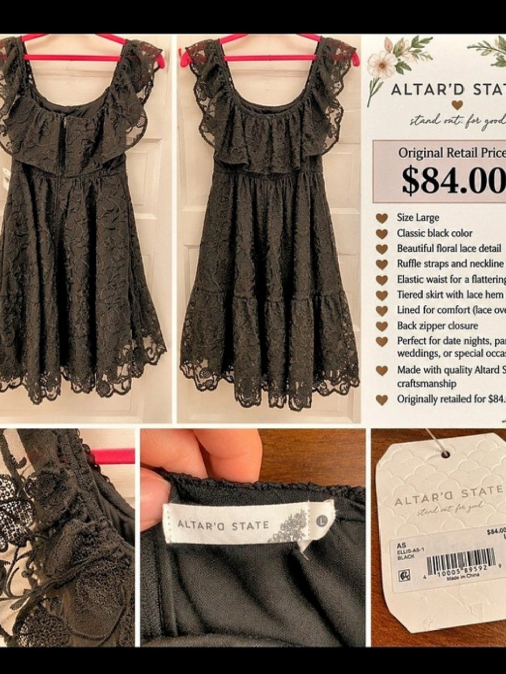Altar'd State Ellis Black Floral Lace Ruffle Strap Mini Dress Size Large NWT